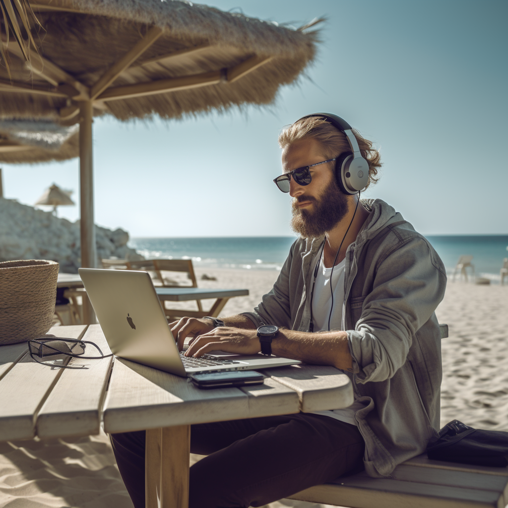 Digital nomad live working by the beach